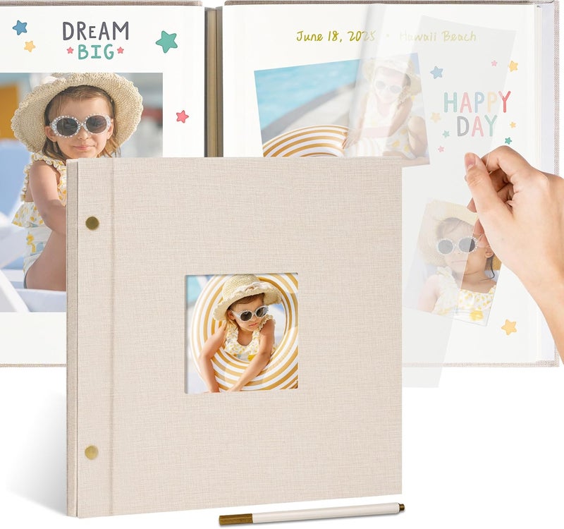 Remowith 10x10 Inch Linen Self Adhesive Photo Album with Window, 40 Pages Large Scrapbook for Wedding, Anniversary & Family Events, Classic Beige, Fits 2x3 4x6 5x7 Photos - Image 1
